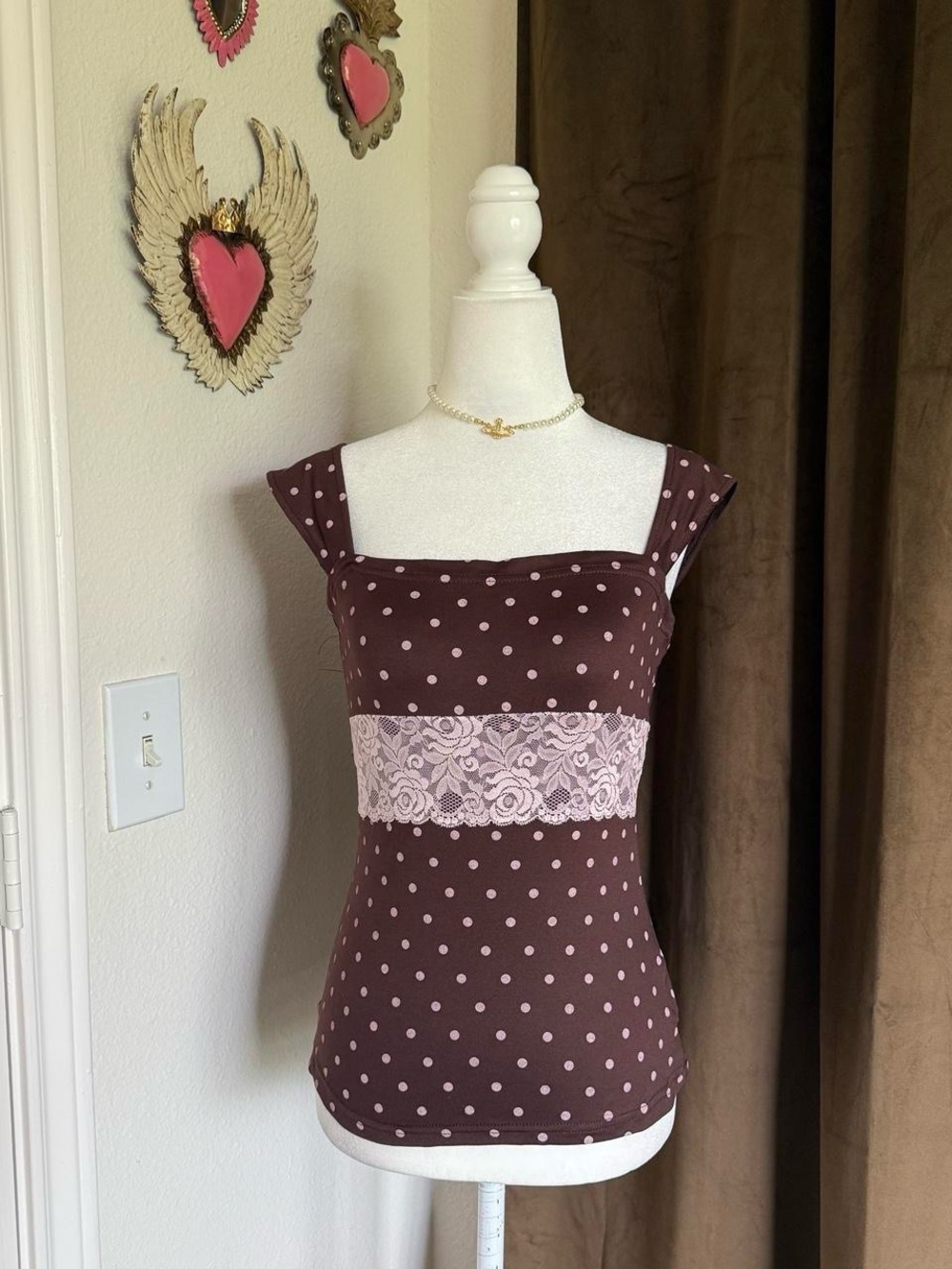 Polka Dot Lace Waist Cami Top in Brown and Light Pink